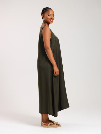 MAXI TANK DRESS / OLIVE SATIN TWILL