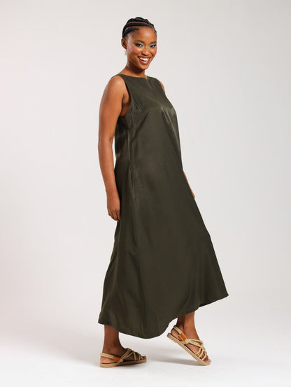 MAXI TANK DRESS / OLIVE SATIN TWILL