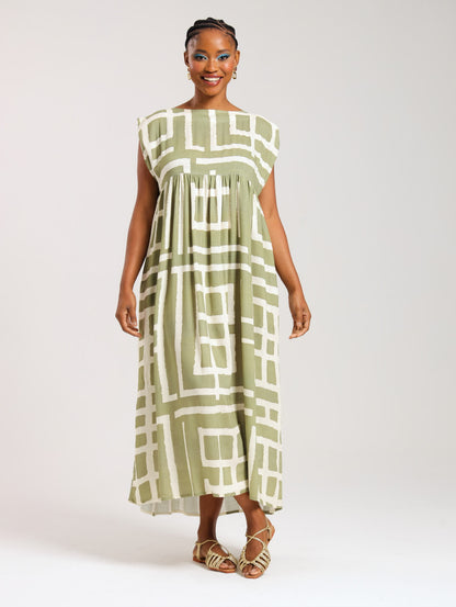 BOXY MAXI RUFFLE / OLIVE MUDCLOTH