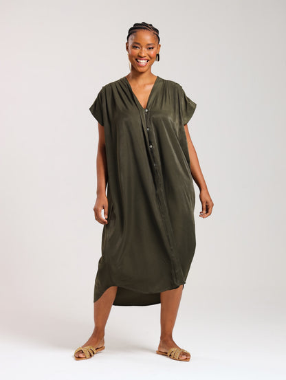 TULIP MAXI DRESS / OLIVE SATIN TWILL