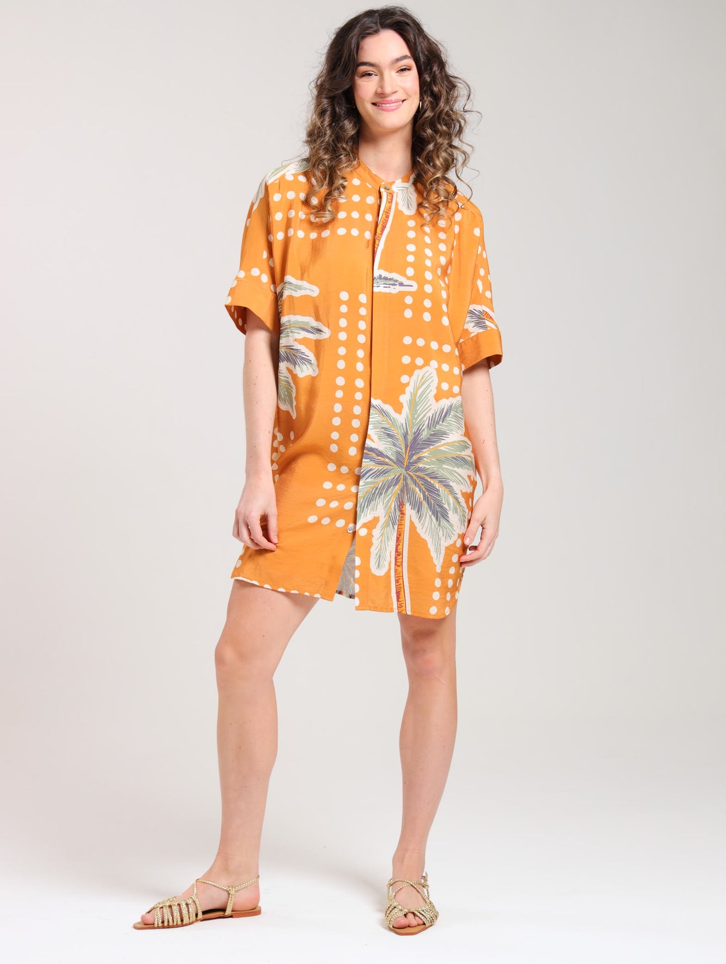 CR MIDI SHIRTDRESS / TERRACOTTA PALMS