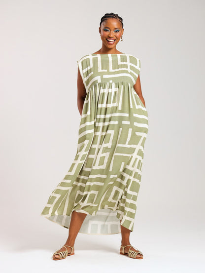 BOXY MAXI RUFFLE / OLIVE MUDCLOTH