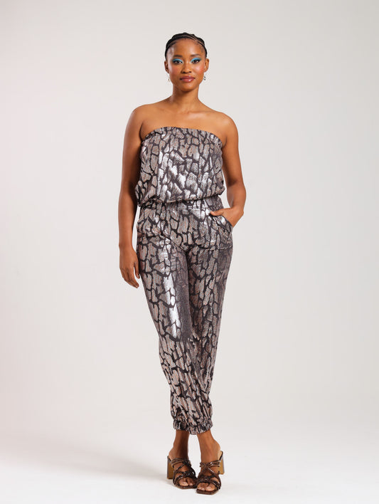 STRAPLESS JUMPSUIT / METALLIC ANIMAL