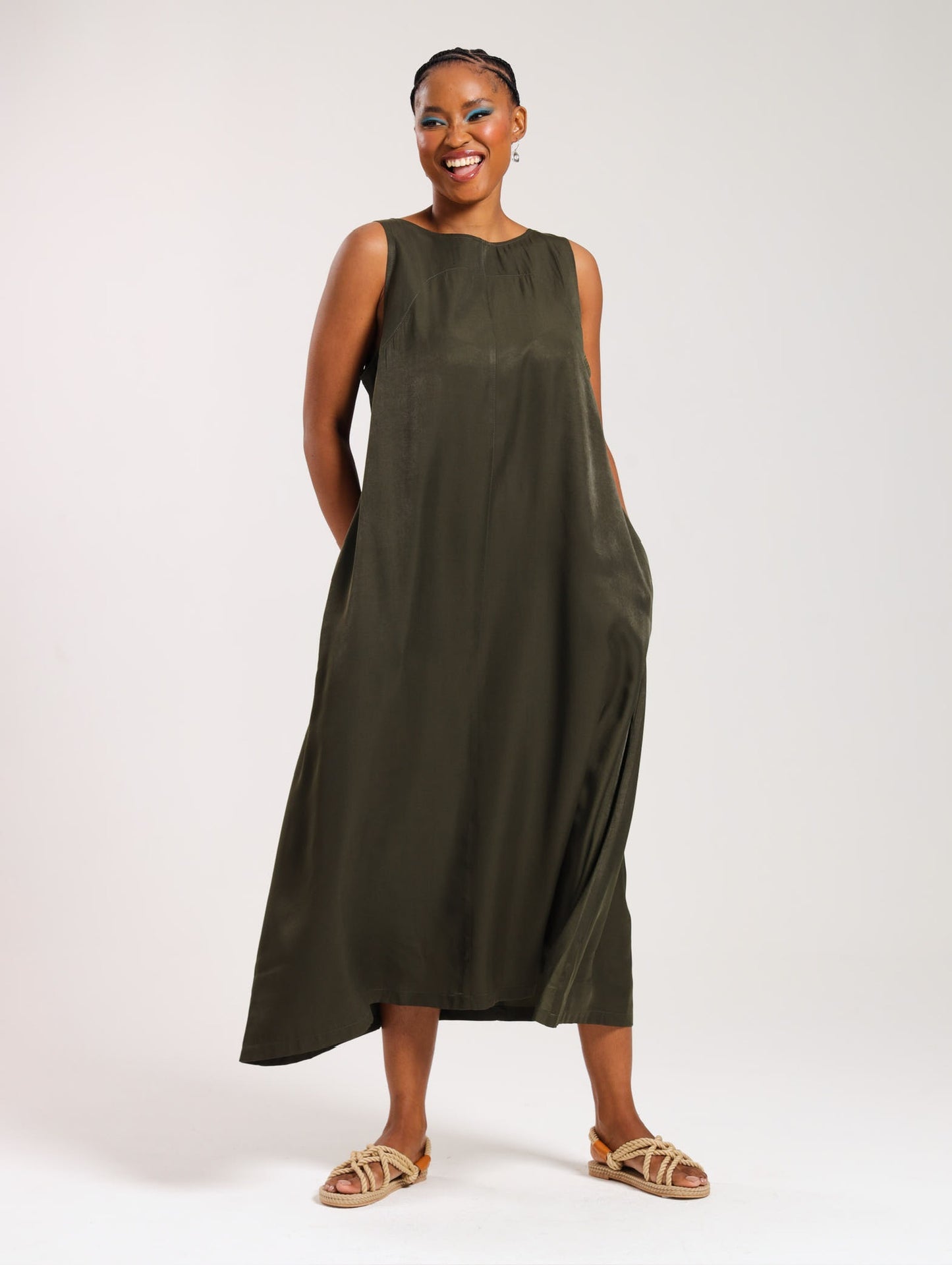 MAXI TANK DRESS / OLIVE SATIN TWILL