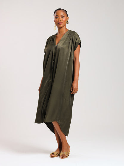 TULIP MAXI DRESS / OLIVE SATIN TWILL