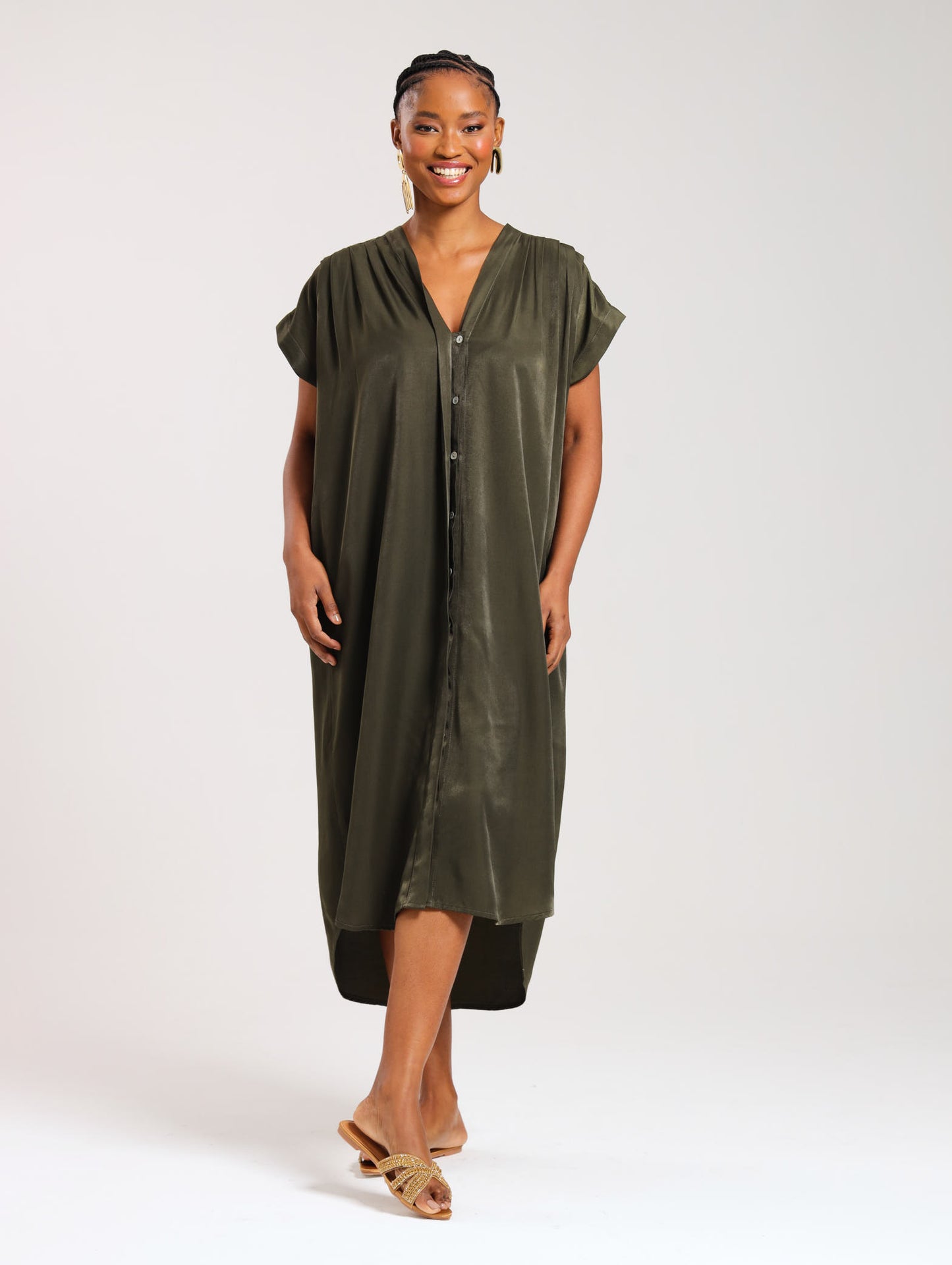 TULIP MAXI DRESS / OLIVE SATIN TWILL