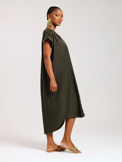 TULIP MAXI DRESS / OLIVE SATIN TWILL