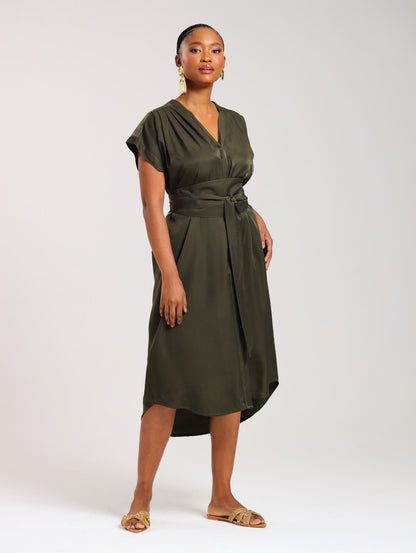 TULIP MAXI DRESS / OLIVE SATIN TWILL