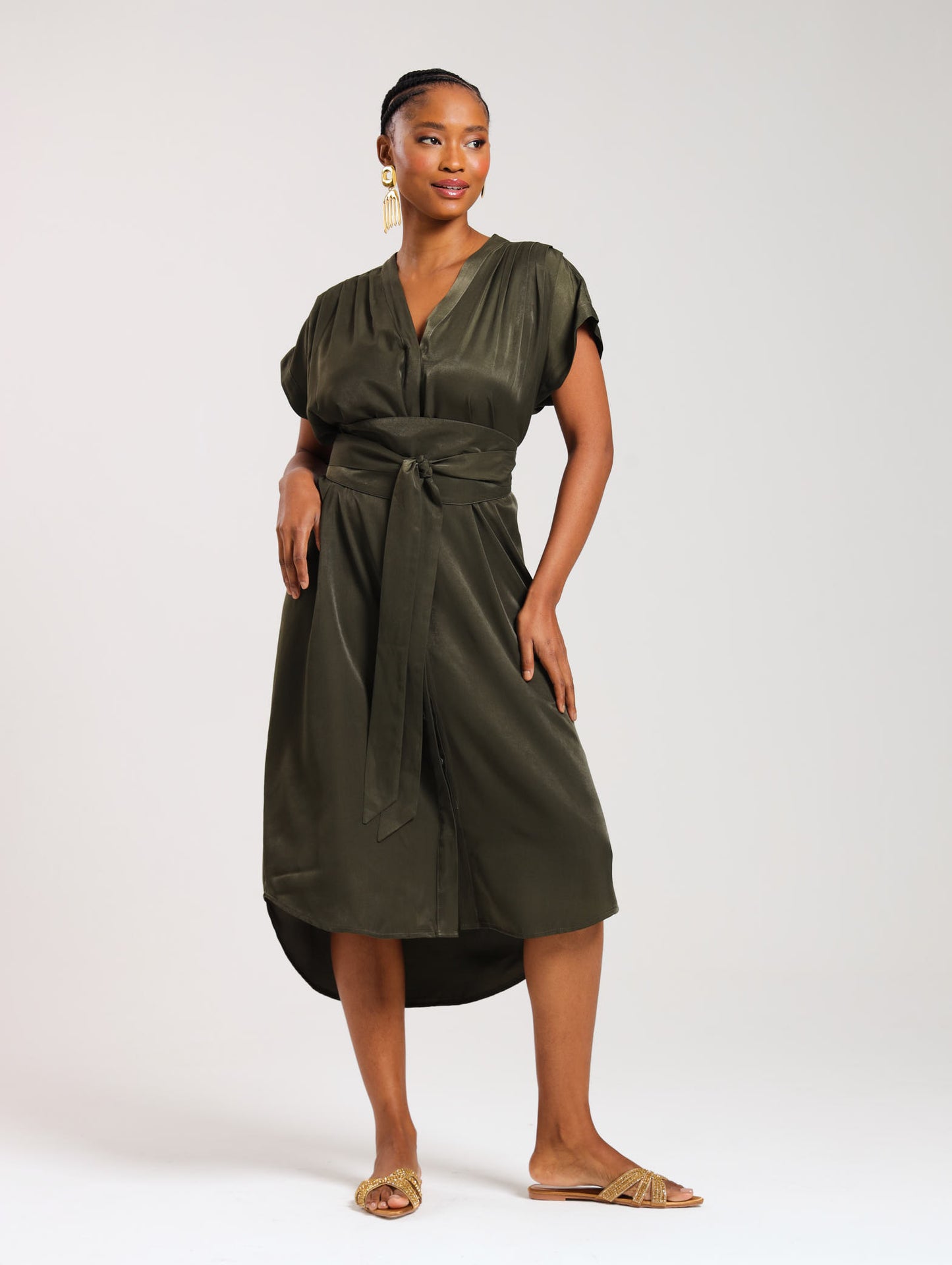 TULIP MAXI DRESS / OLIVE SATIN TWILL