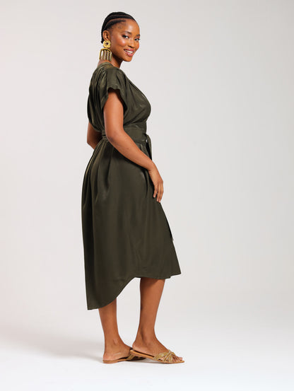 TULIP MAXI DRESS / OLIVE SATIN TWILL