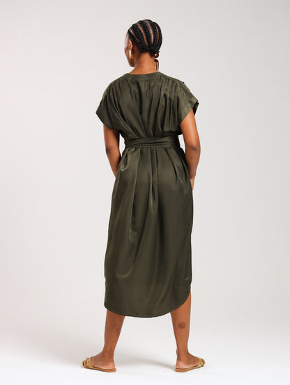 TULIP MAXI DRESS / OLIVE SATIN TWILL