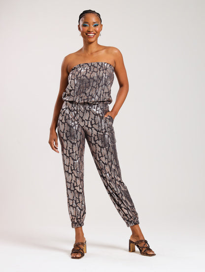 STRAPLESS JUMPSUIT / METALLIC ANIMAL