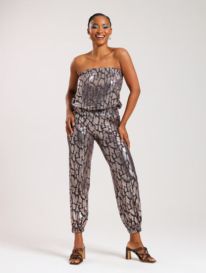 STRAPLESS JUMPSUIT / METALLIC ANIMAL