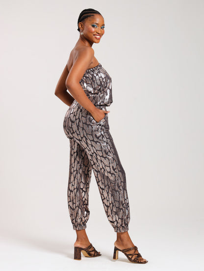 STRAPLESS JUMPSUIT / METALLIC ANIMAL